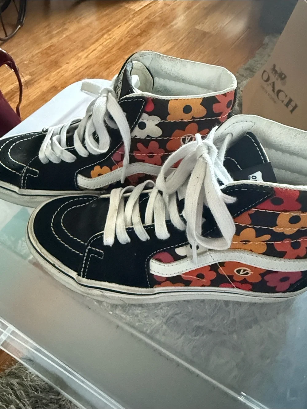 Vans Men 4.5 or Woman’s 6 High-Top Sneakers in Black with Multicolor Hearts.